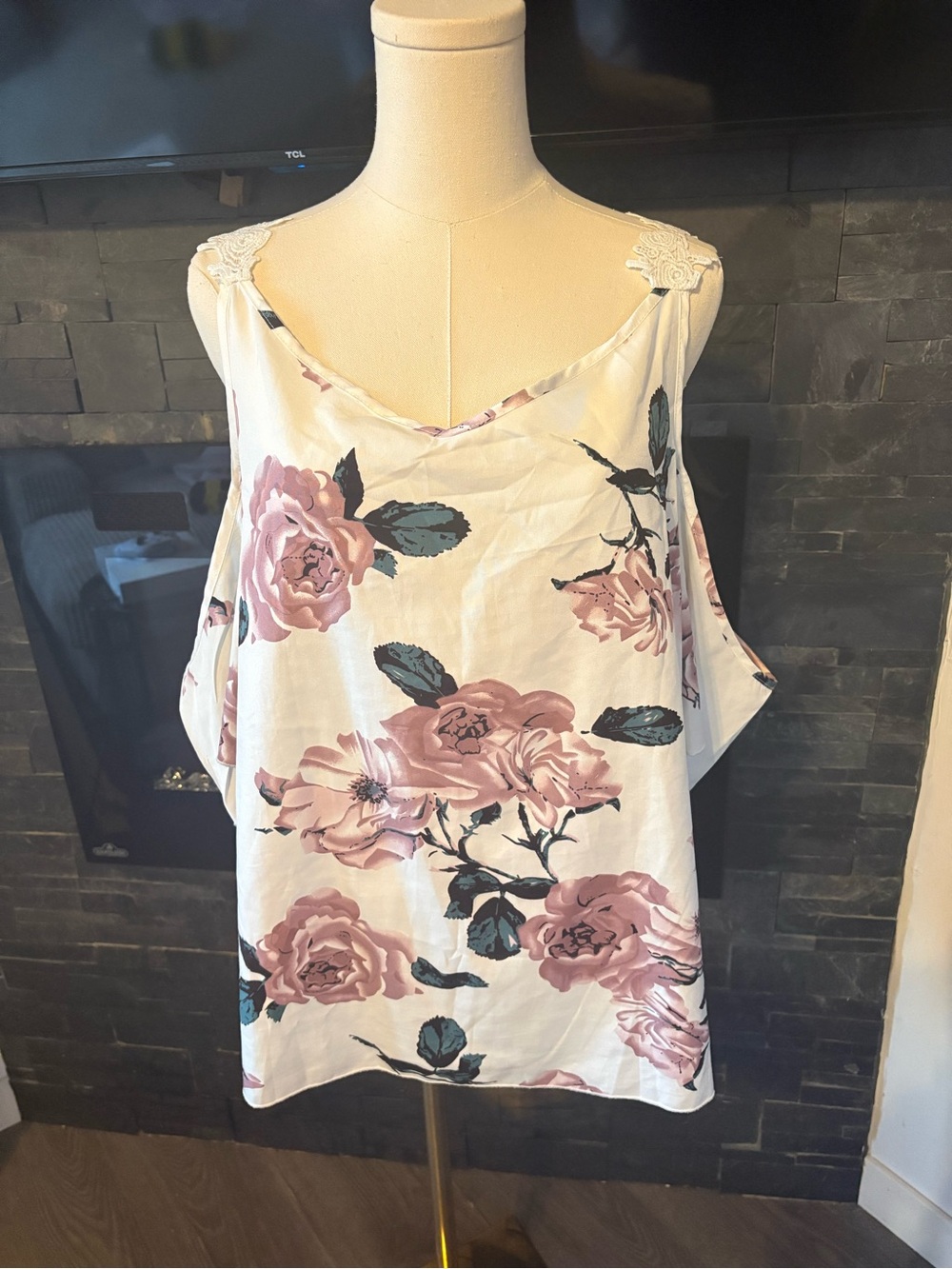 Absolutely stunning Floral Cold-Shoulder Blouse in White and Dusty Rose.